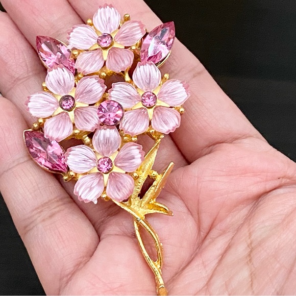 Vintage Unsigned Pink Rhinestones Flower Bouquet Brooch - Picture 13 of 15
